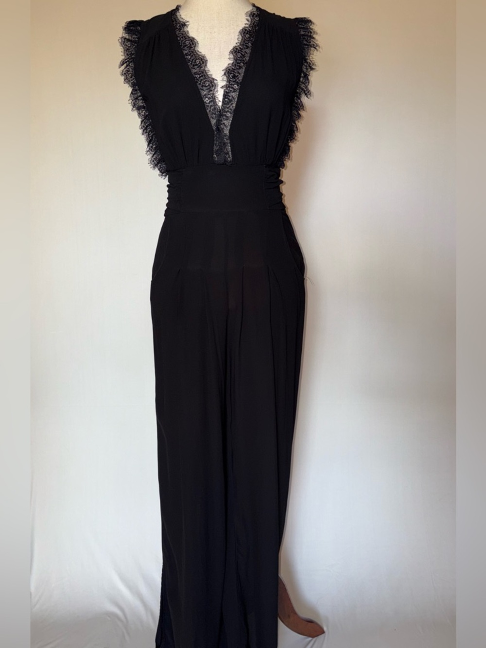 Free People Cem Black Lace-Trim V-Neck Wide-Leg Jumpsuit - Picture 5 of 8